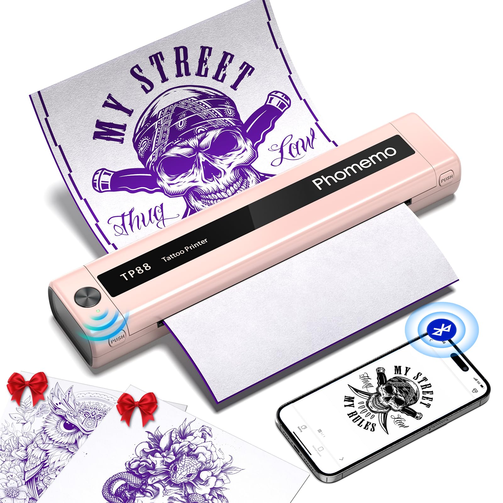 Phomemo Impresora de Tatuajes TP88 Impresora Térmica Tatuaje con 10 Plantillas A4 Papel de Transferencia de Papel de Transferencia Bluetooth Portátil Compatible con Smartphones, Tabletas y PC