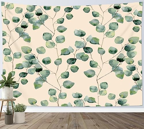 Miniatura 3 de HVEST Tapiz de hojas de eucalipto para colgar en la pared, hojas de eucalipto verdes sobre fondo beige, tapiz para colgar en la pared, tapiz de