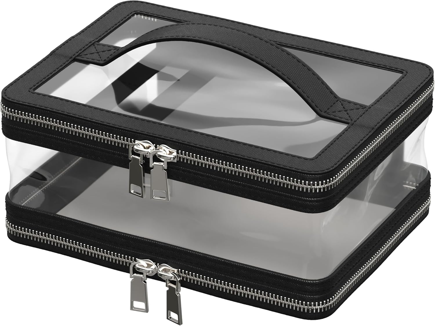 Double Layer Travel Makeup Bag Organizer, Clear Makeup Case Large Make Up Bag with Brush Compartment, Women Cosmetic Bag Waterproof Toiletry Bags for Traveling Black