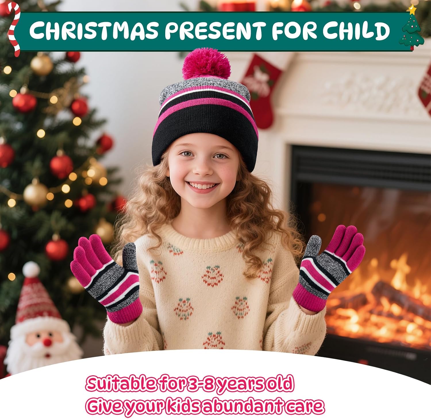 OZERO 2&3Pcs Kids Winter Knit Hat Gloves Scarf Set Warm Fleece Lining Thermal Beanie for 3-8 Year Boys and Girls - Image 2