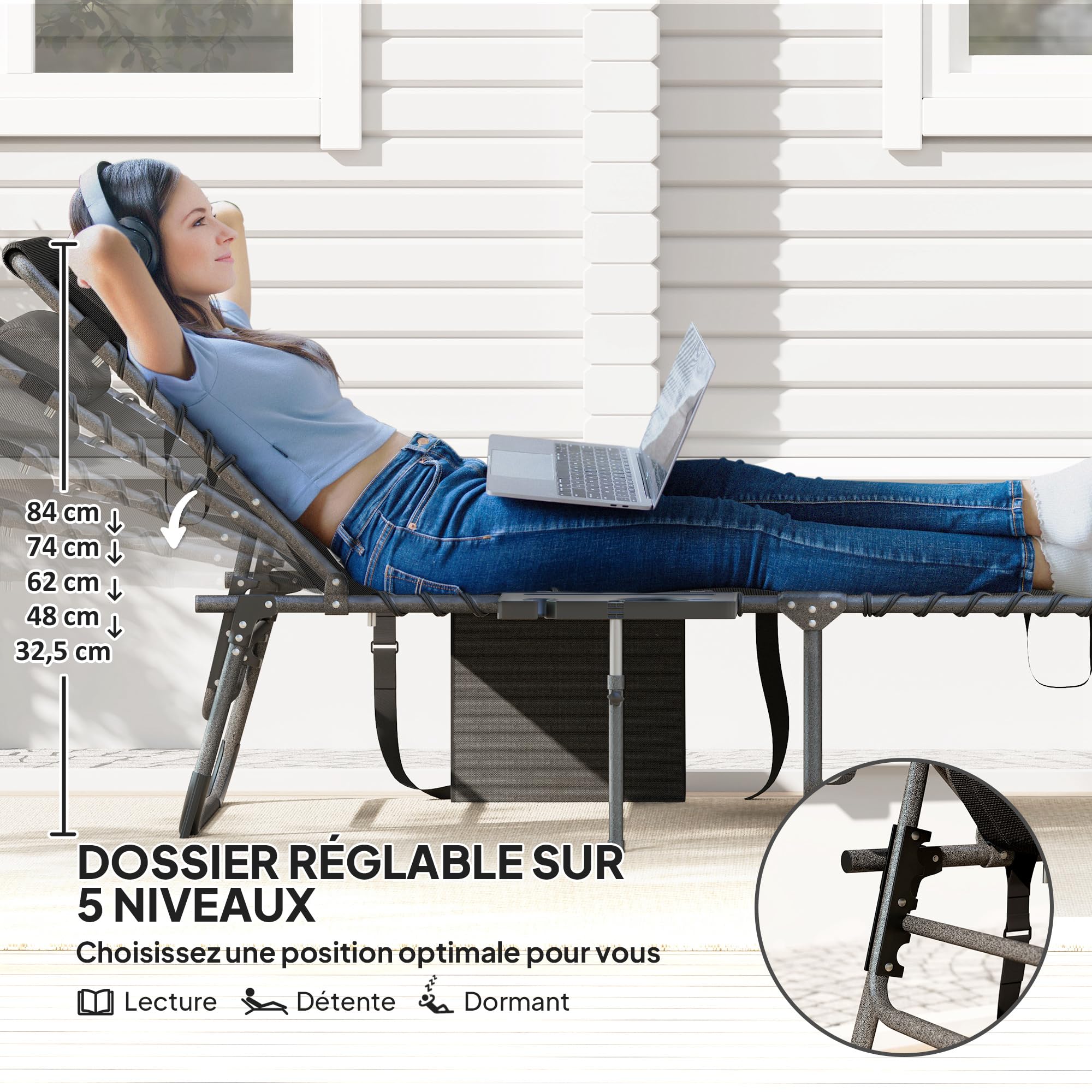 Outsunny Bain de Soleil Chaise Longue Pliante Plateau 60x190x31cm Noir | Appuie-Tête, Poche Latérale, Transat Inclinable, Oxford 600D, Transat Jardin Extérieur, Camping Piscine Terrasse