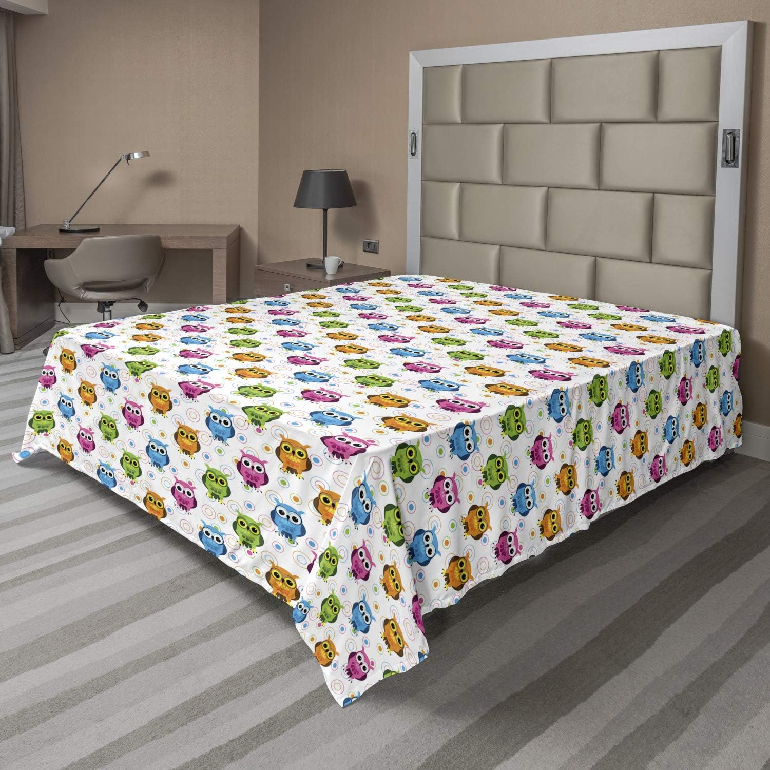 Ambesonne Owls Flat Sheet, Lively Colored Fun Cartoon Happy Mascots Colorful Pattern with Circles and Dots, Soft Comfortable Top Sheet Decorative Bedding 1 Piece, Full Size, Multicolor