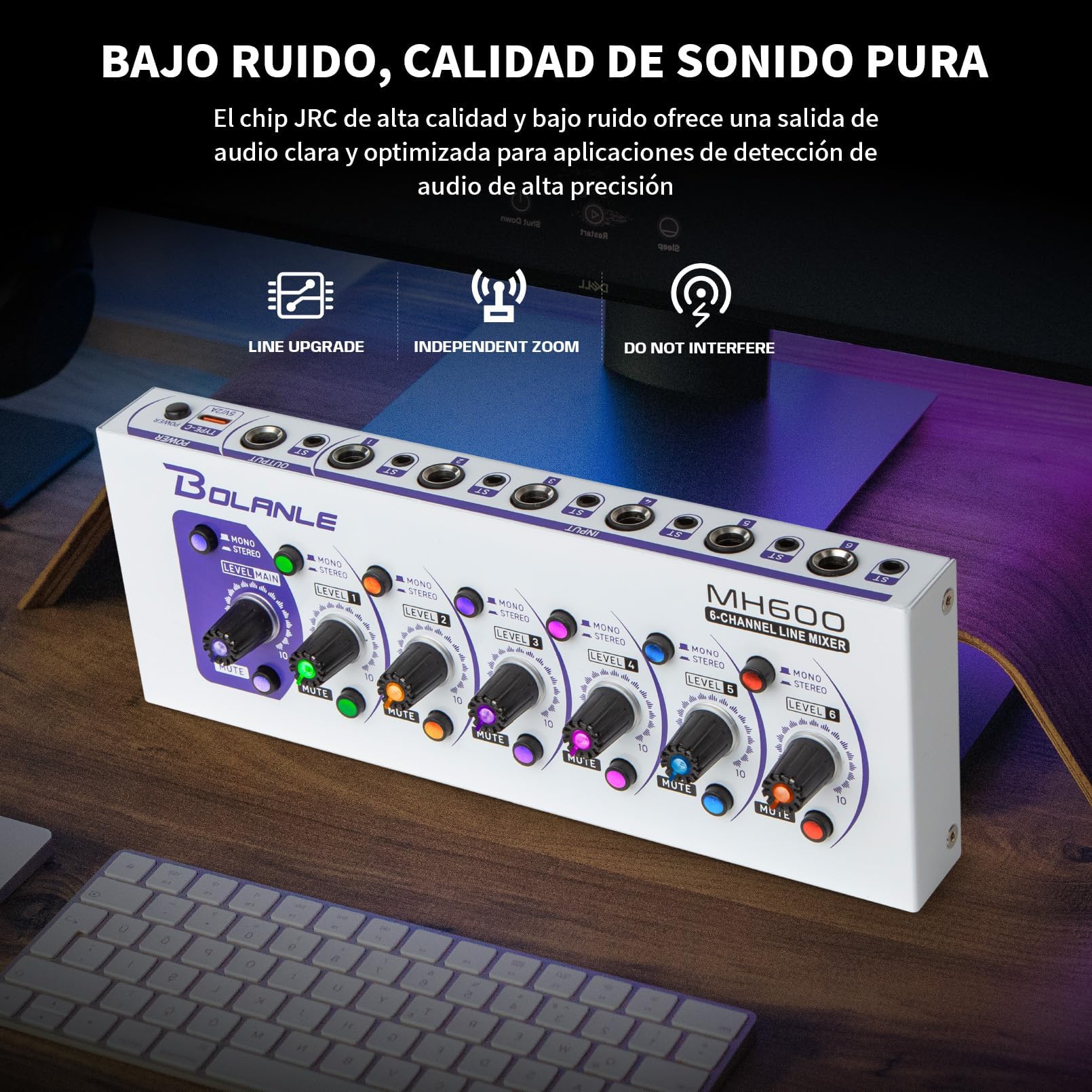 Bolanle MH600 6-Kanal Stereo Line Mixer – Mini Mischpult mit Mono/Stereo Schalter, Mute Funktion, 6.35mm/3.5mm für Gitarre, Bass, Keyboard, Synthesizer
