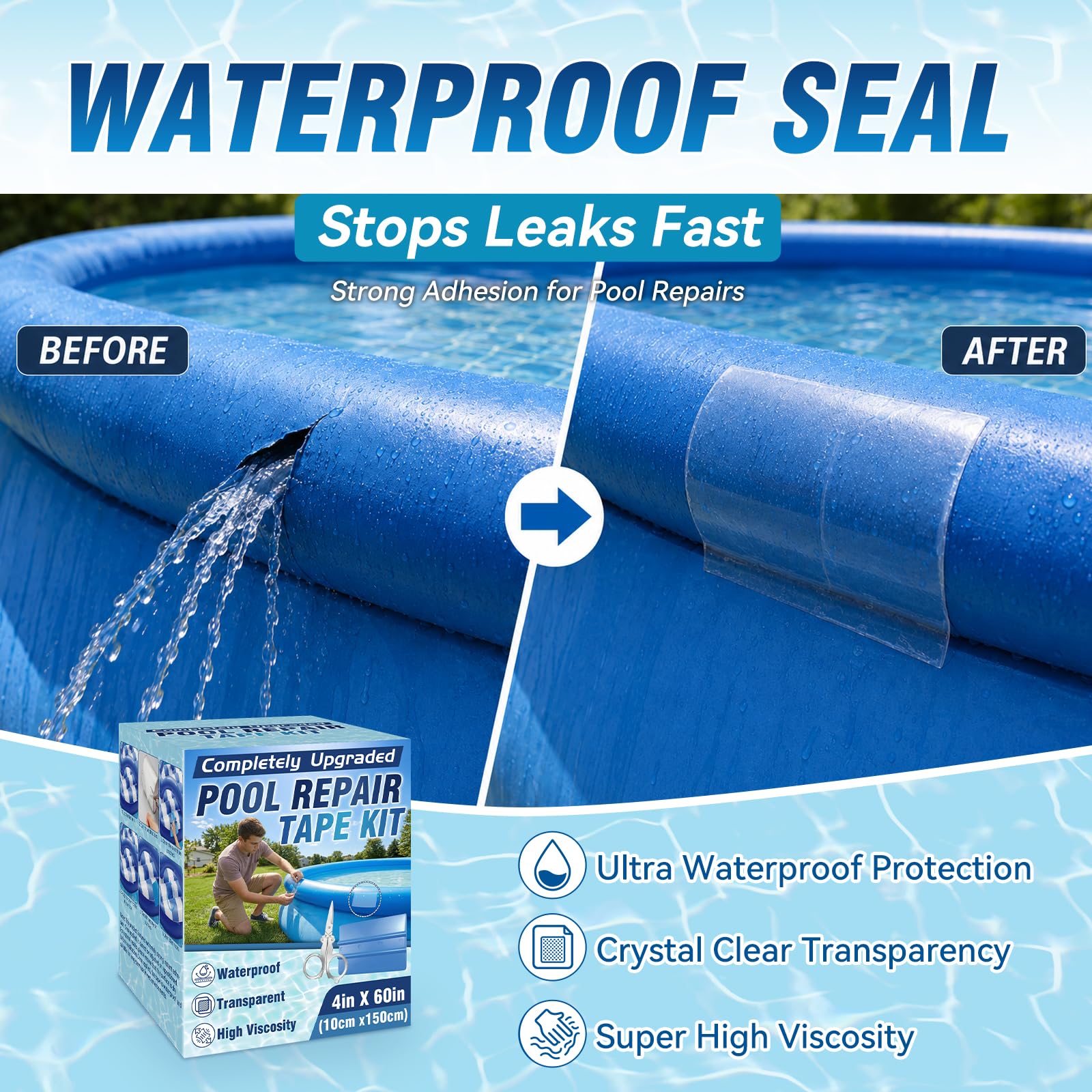 Vigorder Pool Reparaturset Unterwasser, 10x150cm PVC Pool Reparaturset, Unterwasserkleber & Transparentes Flex Tape, Selbstklebende Pool-Patches für Poolfolie, Schlauchboote und Luftmatratzen | Transparente, unsichtbare Reparatur