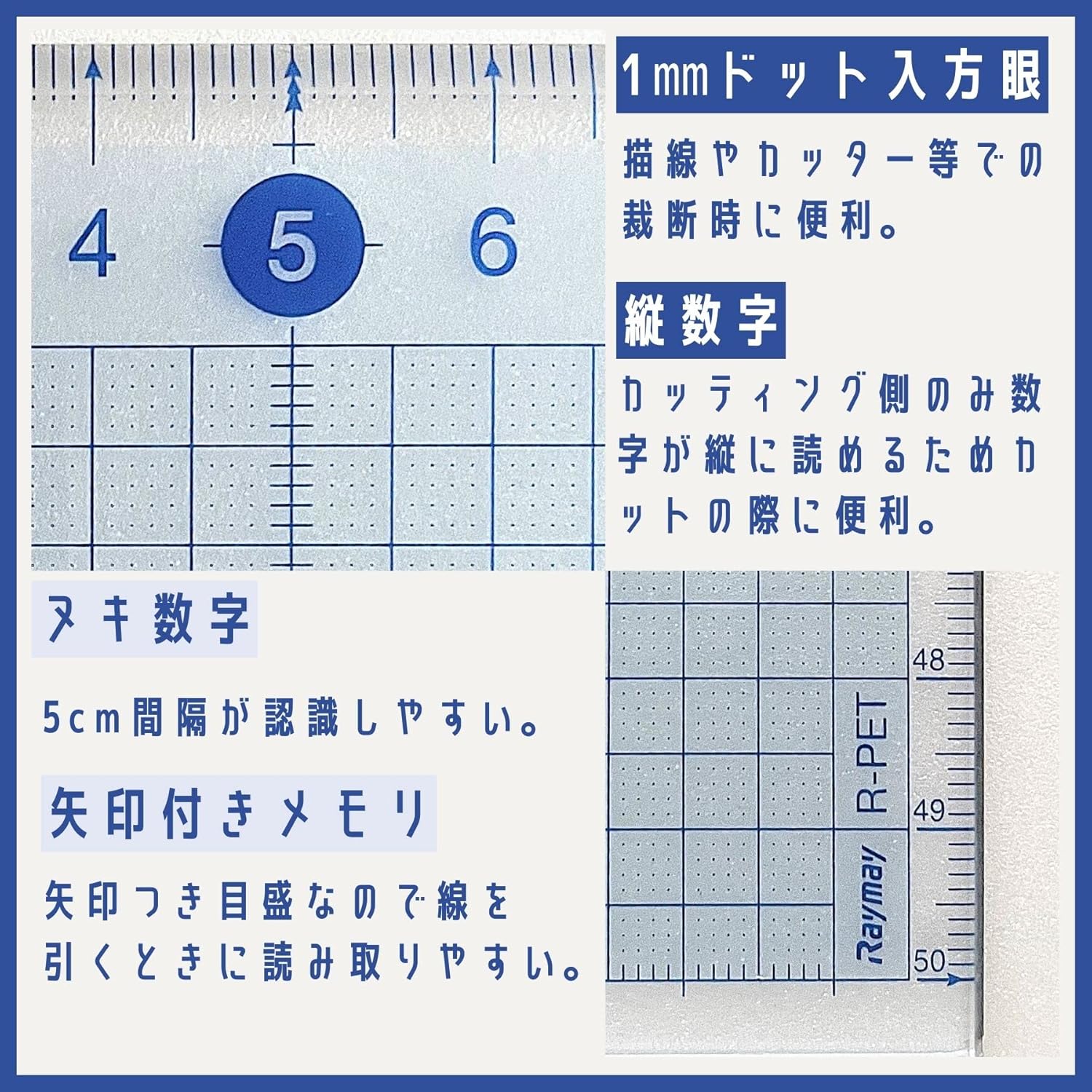 Raymei Fujii ACJ1000 50 cm Cutting Ruler, Non-Slip, 20.1 inches, Black/White, Resin with Inserted Stainless Steel