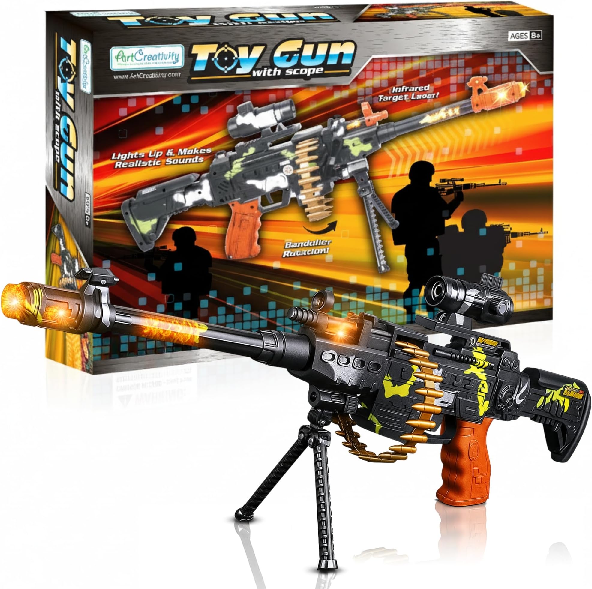 ArtCreativity Toy Machine Gun with Scope, Stand & Carrying Strap Flashing Lights, Sounds and Unique Revolving Rounds | Thrilling 25? Submachine Gun Toy for Boys & Girls | Great Gift Idea for Kids