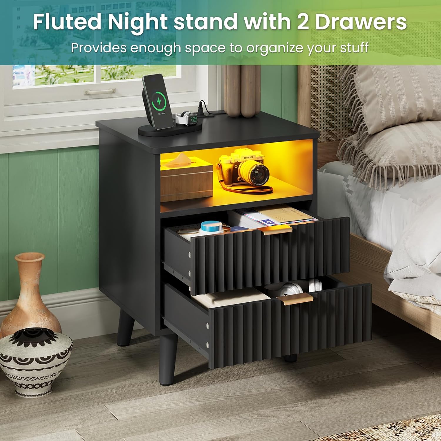 AOGLLATI Fluted Nightstand Set of 2 with Charging Station, Black LED Nightstand with 2 Drawers and Open Storage Cubby, Modern Bedside Table with LED Lights & Metal Handle for Bedroom