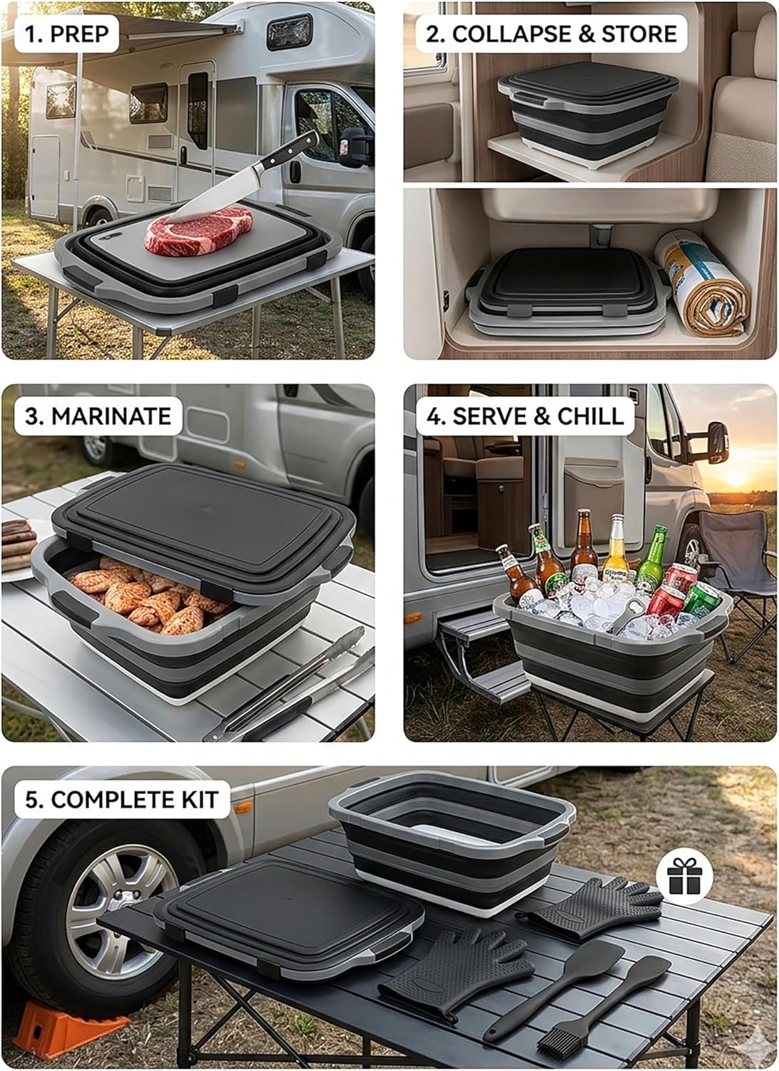 Collapsible BBQ Prep Tub with Lid & Cutting Board (8L/16L) - XL Meat Marinating Basin & Grill Carry System - 5pc Set with Heat Resistant Gloves, Basting Brush & Spatula (Black, Large, 16L)