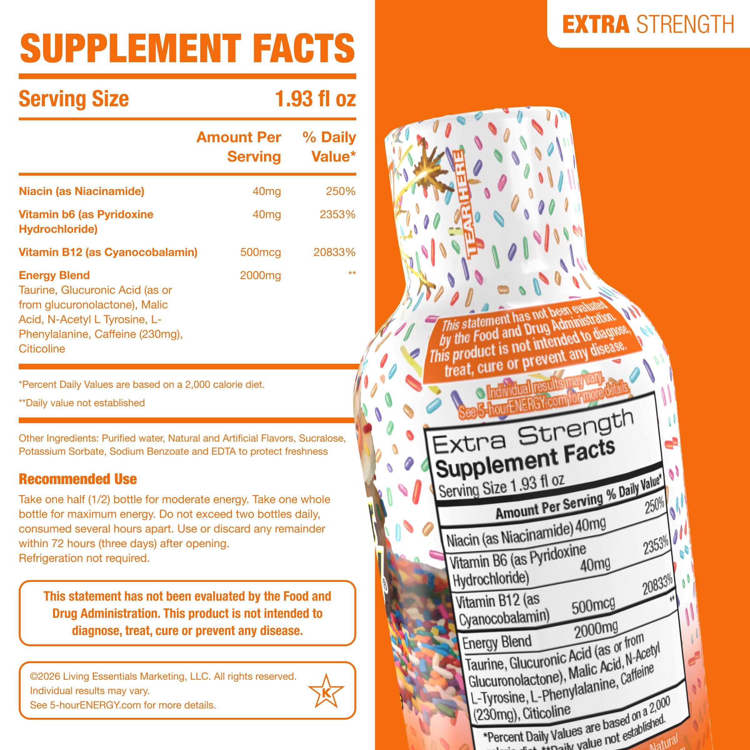 5-hour ENERGY Saveur de gâteau d'anniversaire, 6 pièces, extra fort Energy Shot | 50 ml, acides aminés, vitamines B, sans sucre et zéro calorie