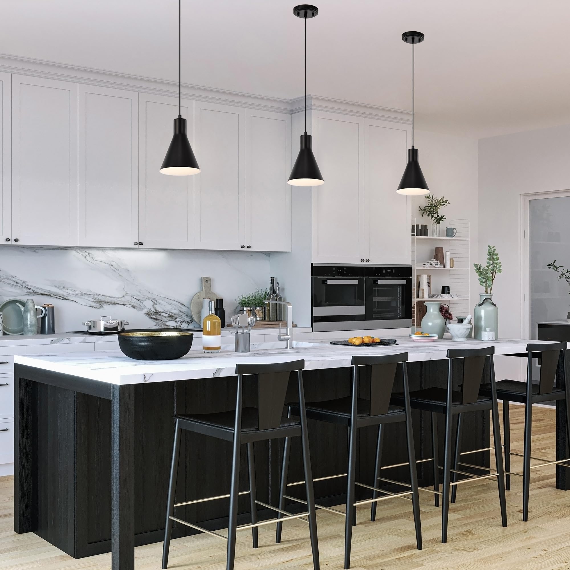 1-Light Matte Black Metal Cone Hanging Kitchen Light Modern Contemporary Dimmable