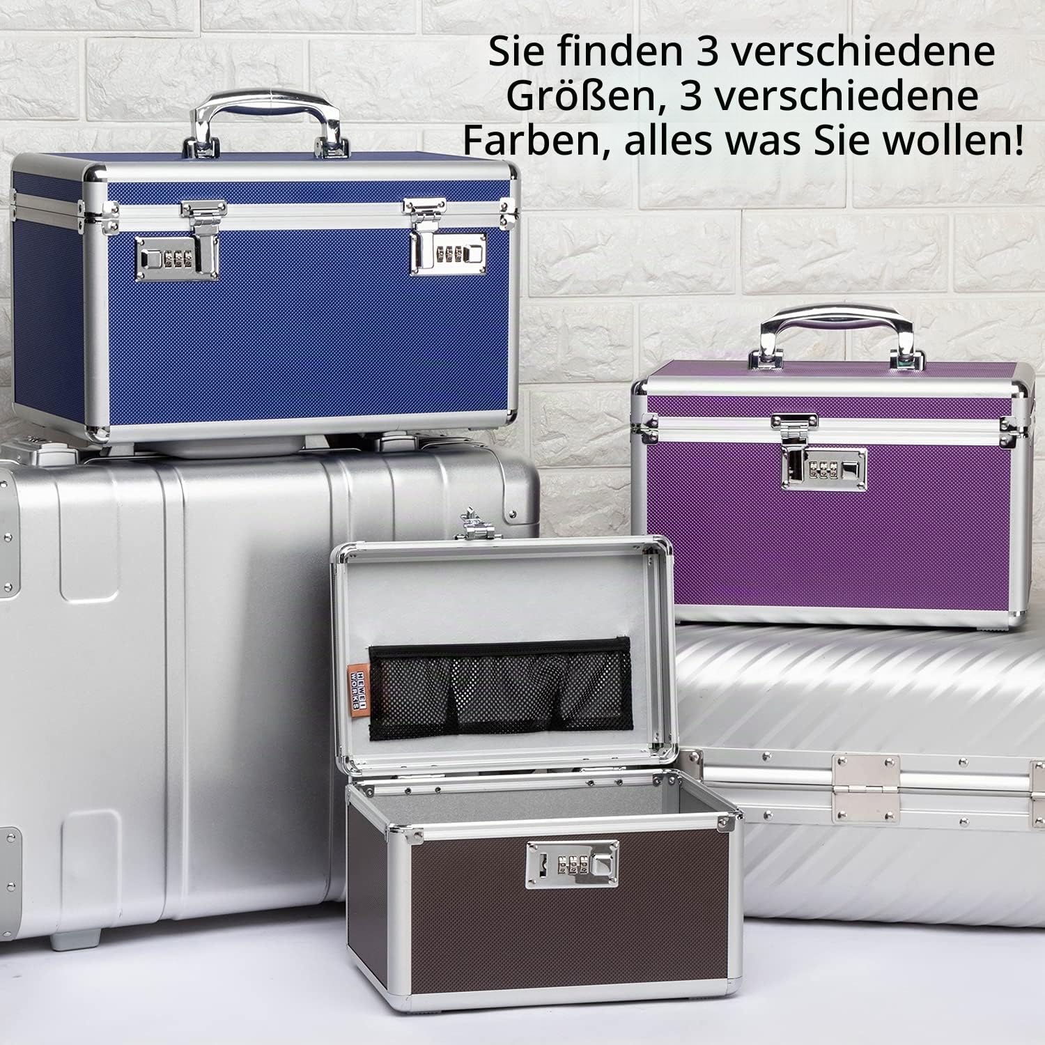 Medikamentenkoffer abschließbar mit Zahlenschloss, robuster Alurahmen Medizinbox, Erste Hilfe Koffer mit tragbarer Pillendose für Zuhause, Büro & Reisen (Coffee, groß)