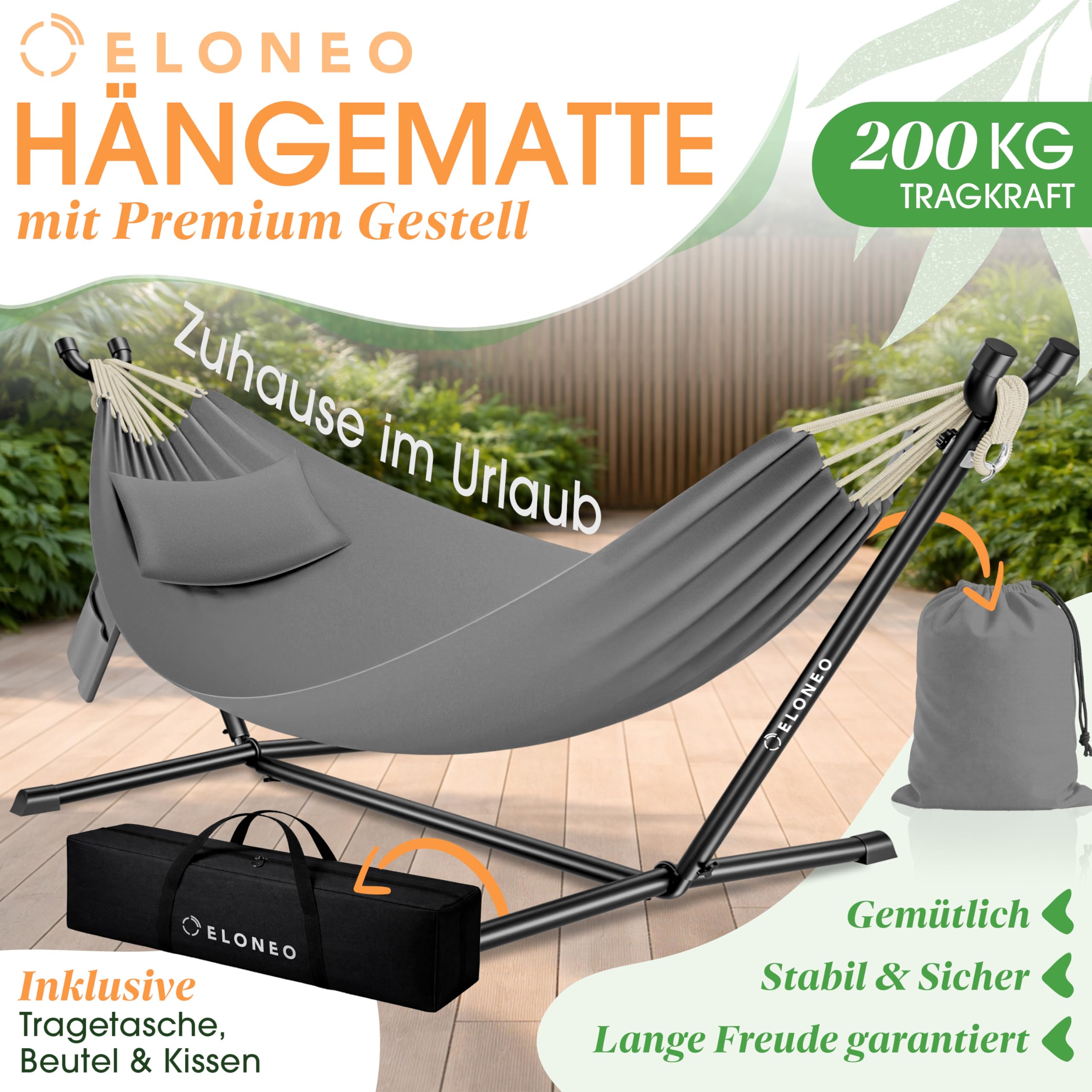 ELONEO Hängematte mit Gestell für 2 Personen | 200 kg Belastbarkeit | höhenverstellbares Hängemattengestell Outdoor und Indoor | Hammock inklusive Kissen, Tragetasche und Beutel - 2