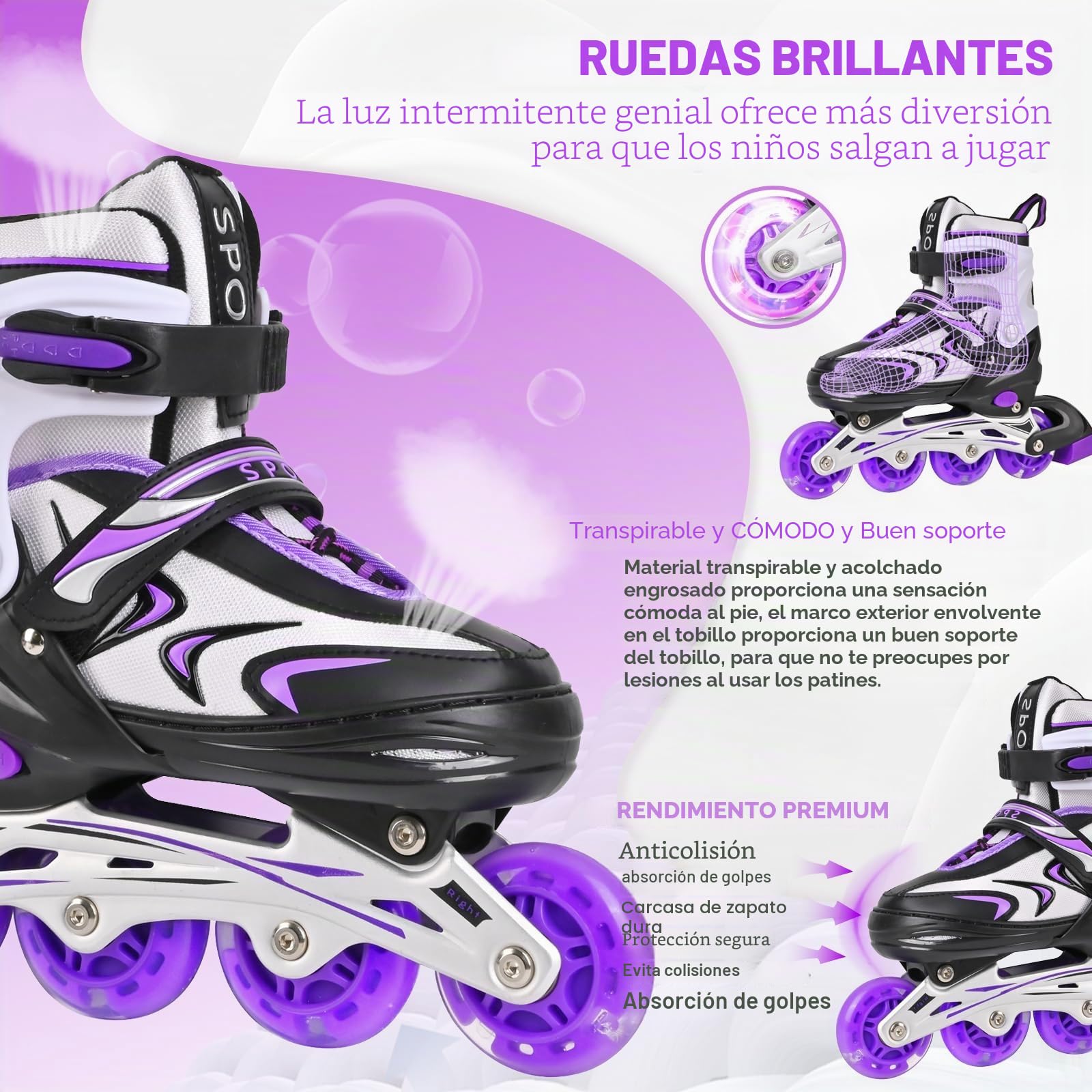 Patines en línea Ajustables para niños y niñas, Patines en línea para niños, Patines en línea para niñas y niños para Uso en Interiores y Exteriores (Negro y Morado, M)