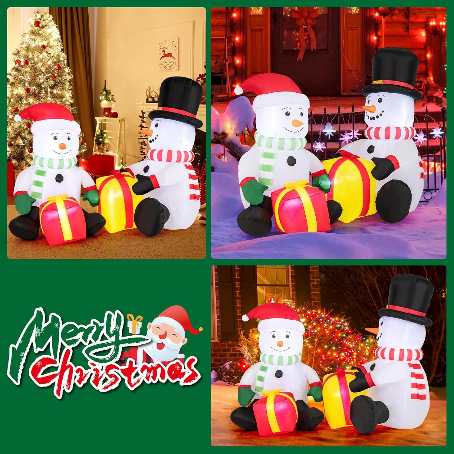 Goplus 5FT Christmas Inflatables, LED Lighted Xmas Double Inflatable Snowmen Holding Gift Boxes, Outdoor Indoor Cute Blow Up Christmas Decoration with Water Bags, Ground Stakes, for Party Yard Lawn