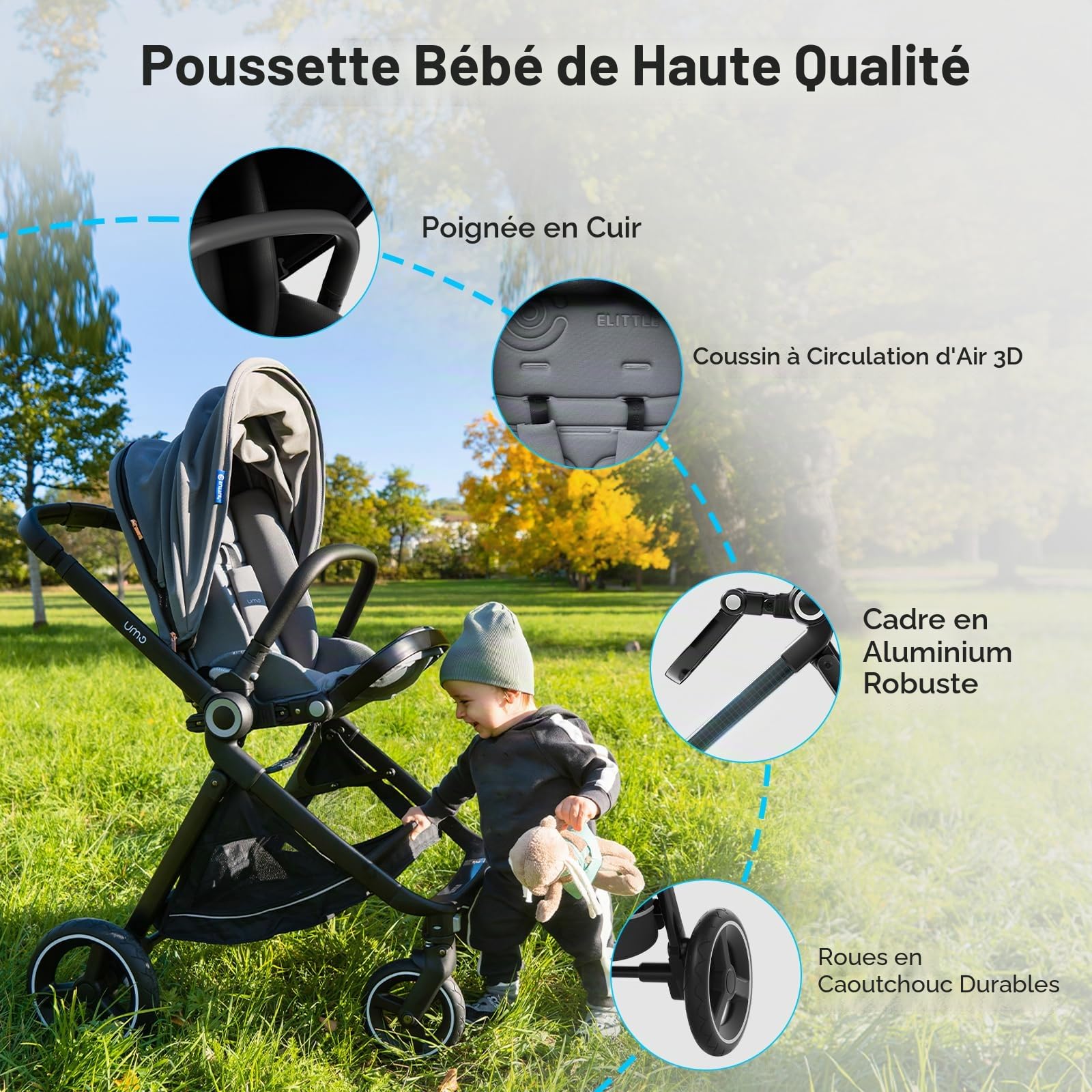 ELITTLE EMU Poussette Pliante Reversible, Poussette Bebe Face Parents 25kg,Automatique Centre Gravité Conception Rréglage,Landaus Siège Dossier 95-175°pour Exterieur Ville pour Bebe 0 a 3 Ans,Noir