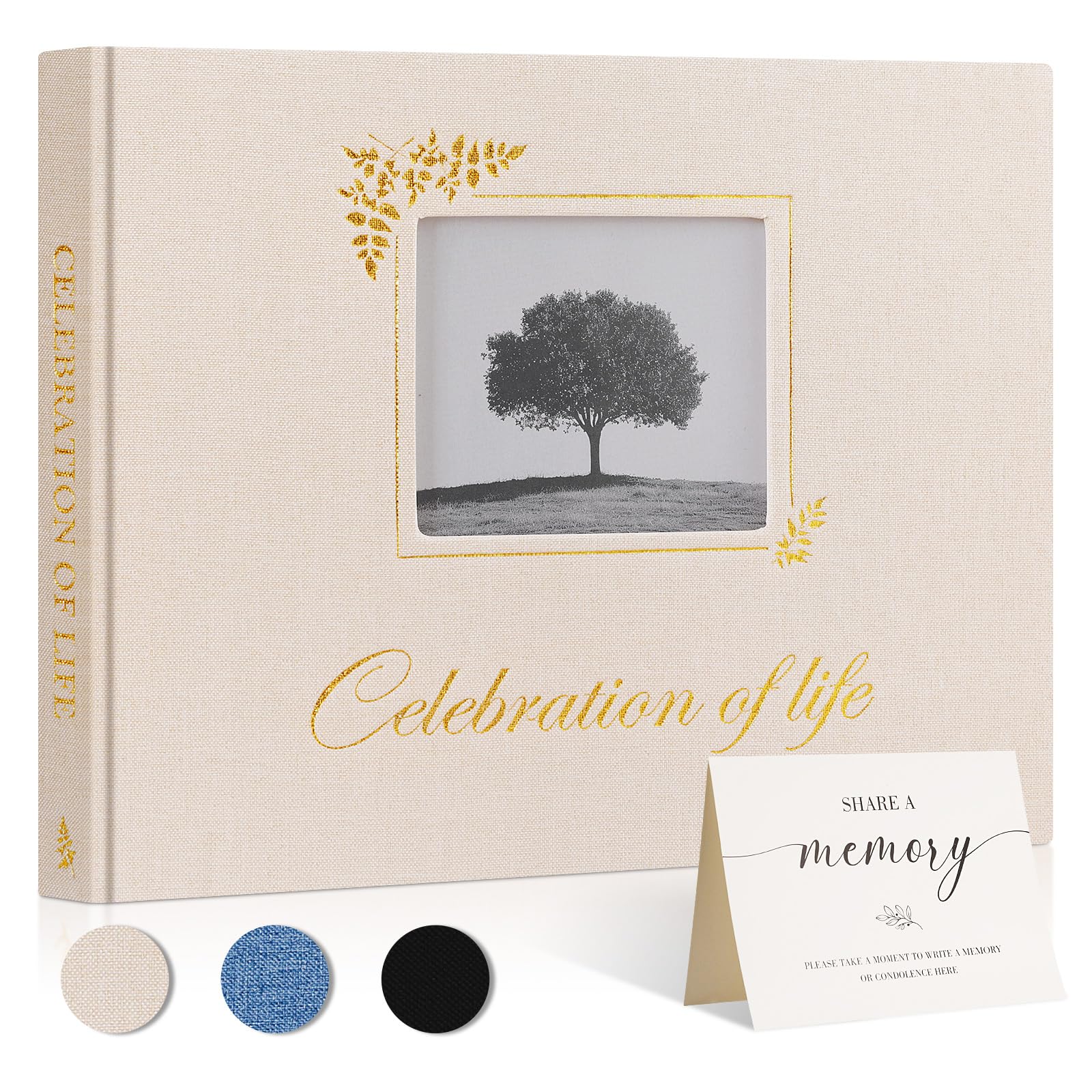 Lanpn Funeral Guest Book for Memorial Service Linen Celebration of Life Registry Guest Book with Open Window