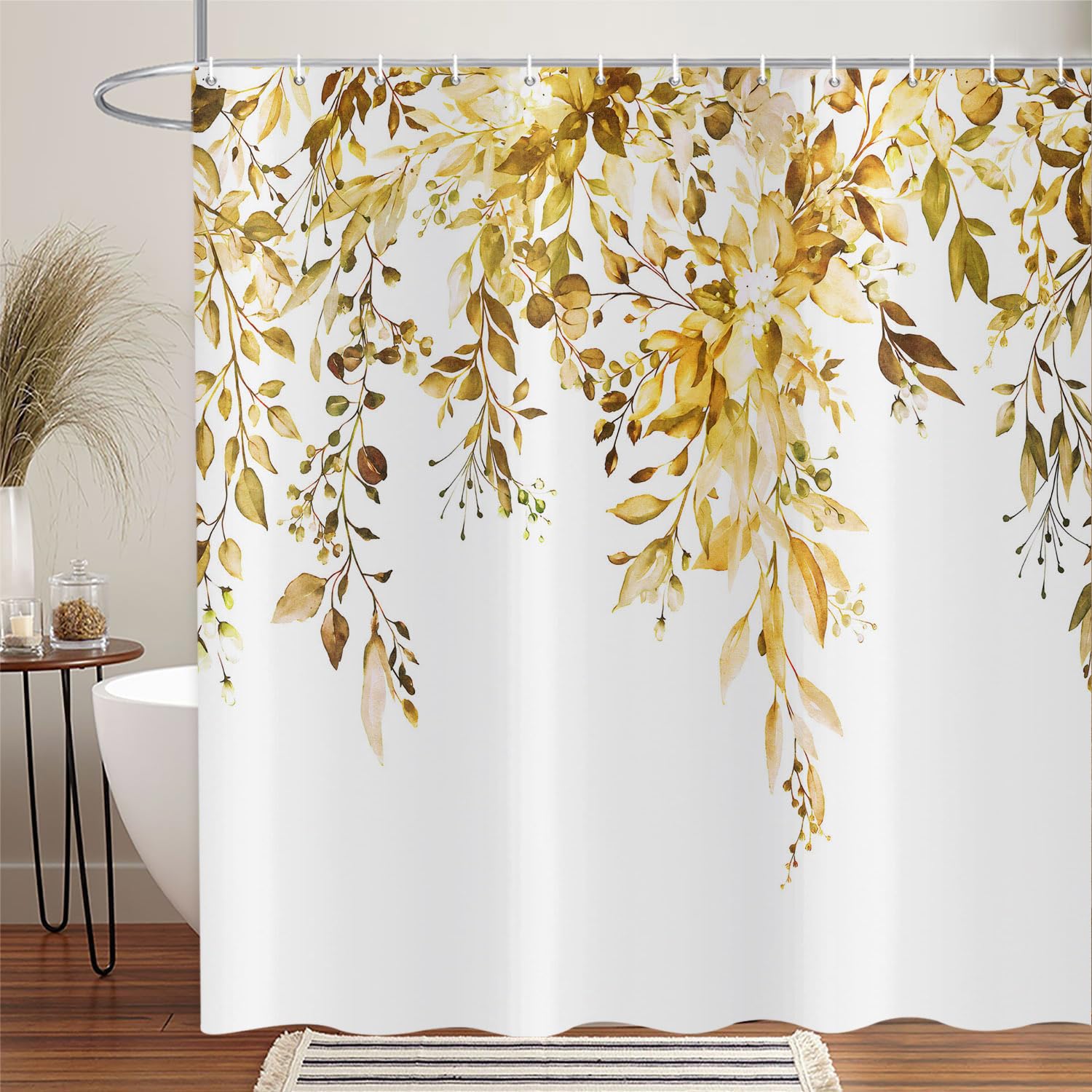ASDCXZ Yellow Eucalyptus Shower Curtain 200x180 cm, Spring Watercolor Eucalyptus Leaves Floral Plants Waterproof Bath Curtain Polyester Textile Washable Shower Curtains for Bathtub with 14 Hooks