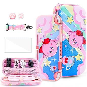 HYPERCASE Cute Anime Switch Lite Case Kit with Pink Travel Carrying Bag for Lite Accessories Storage, Softshell Switch Lite Cover Skin, HD Screen Protector, Shoulder Strap & 2 Kawaii Thumb Caps