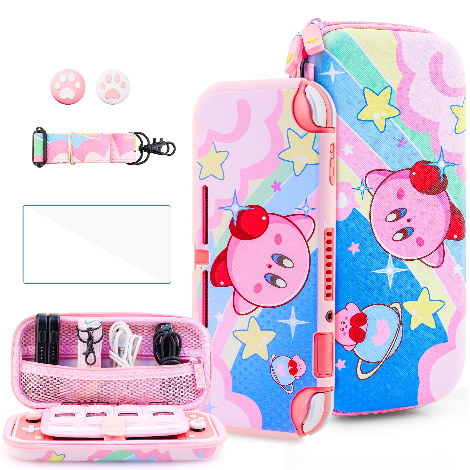 HYPERCASE Kit custodia per Switch Lite con custodia da viaggio rosa per accessori Lite, cover Softshell Switch Lite, pellicola protettiva per schermo HD, tracolla e 2 tappi per pollice Kawaii
