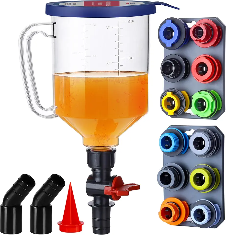 SMART JERRY - Spill-Proof Engine Oil Funnel Kit｜Oil Change Funnel w/ 12 Adapters &amp; 2 Magnetic Adapter Organizer Boards｜Transparent Body w/Scale &amp; Shut-Off Valve｜Universal Fit