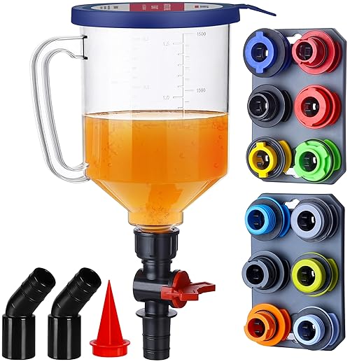 SMART JERRY - Spill-Proof Engine Oil Funnel Kit｜Oil Change Funnel w/ 12 Adapters & 2 Magnetic Adapter Organizer Boards｜Transparent Body w/Scale & Shut-Off Valve｜Universal Fit
