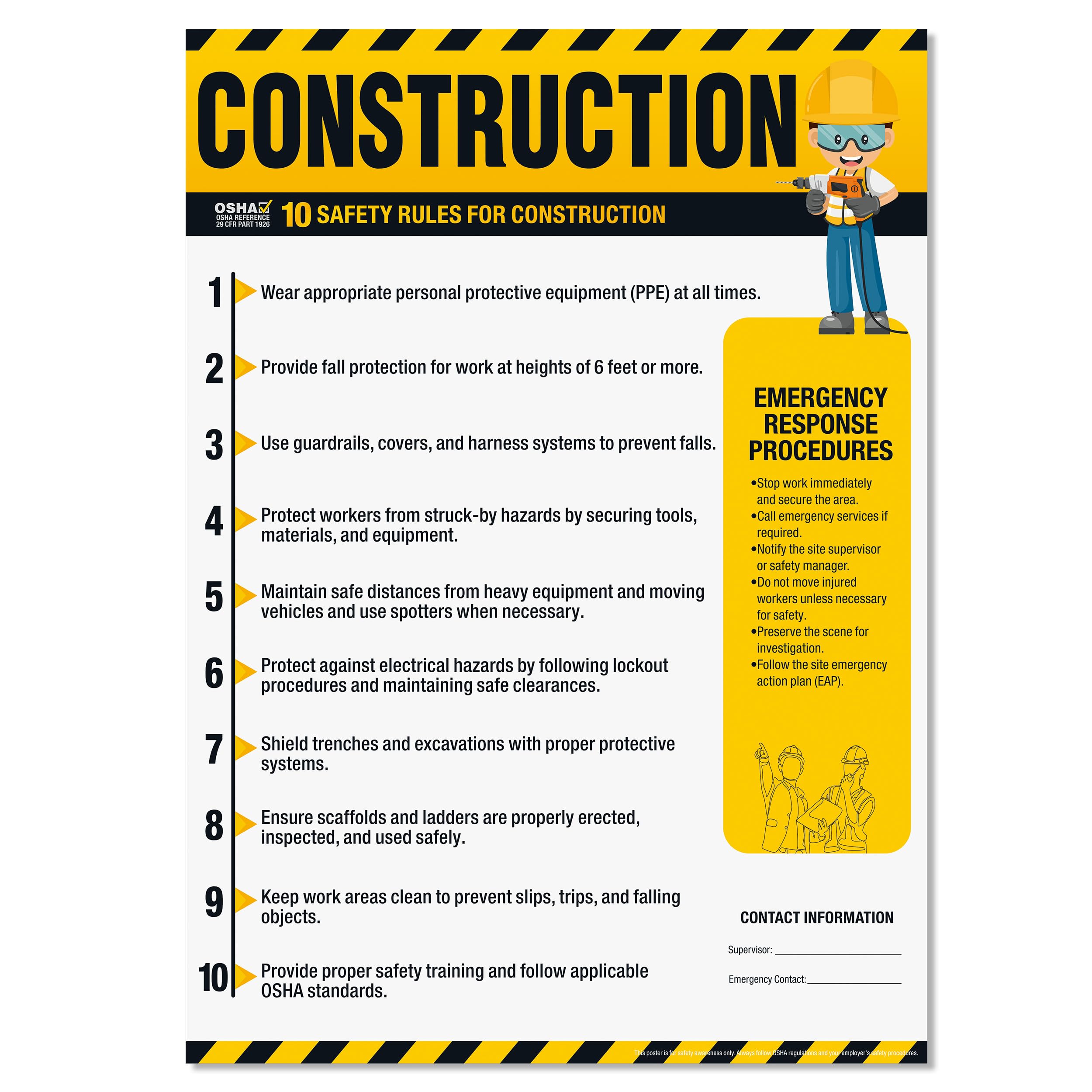 Construction Safety Rules Poster, 18"x24" OSHA Compliant Construction Safe Rules Checklist Guidelines Sign, Safety Awareness Poster for Workplace, Waterproof, Tear-resistant