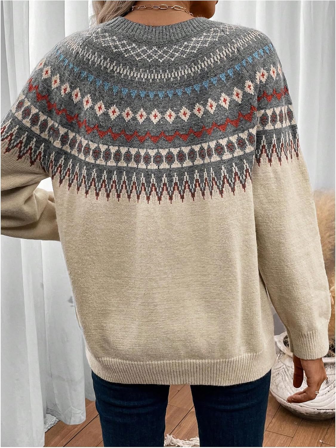 SHENHE Women's Crew Neck Sweater Long Sleeve Aztec Geometric Fall Sweater Soft Knit Pullover