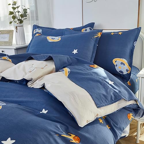Miniatura 6 de Brandream Juego de ropa de cama para niños, tamaño individualindividual XL, color azul, 100% algodón, reversible, astronauta, cohete, planeta,
