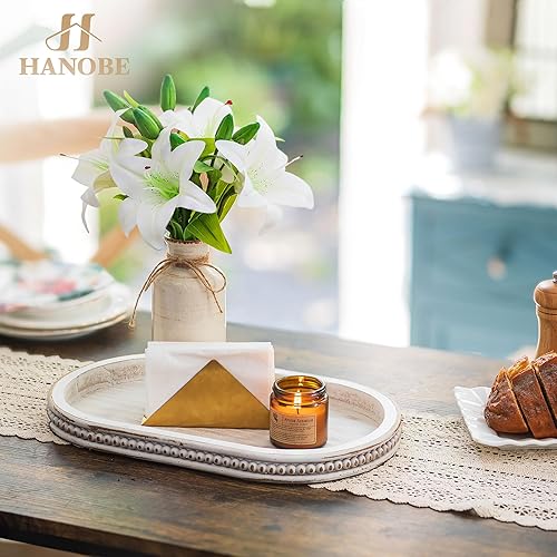 Miniatura 10 de Hanobe Bandeja decorativa de madera bandeja ovalada de cuentas marrones para mesa de café, bandejas de madera rústica, decoración de granja, bandeja