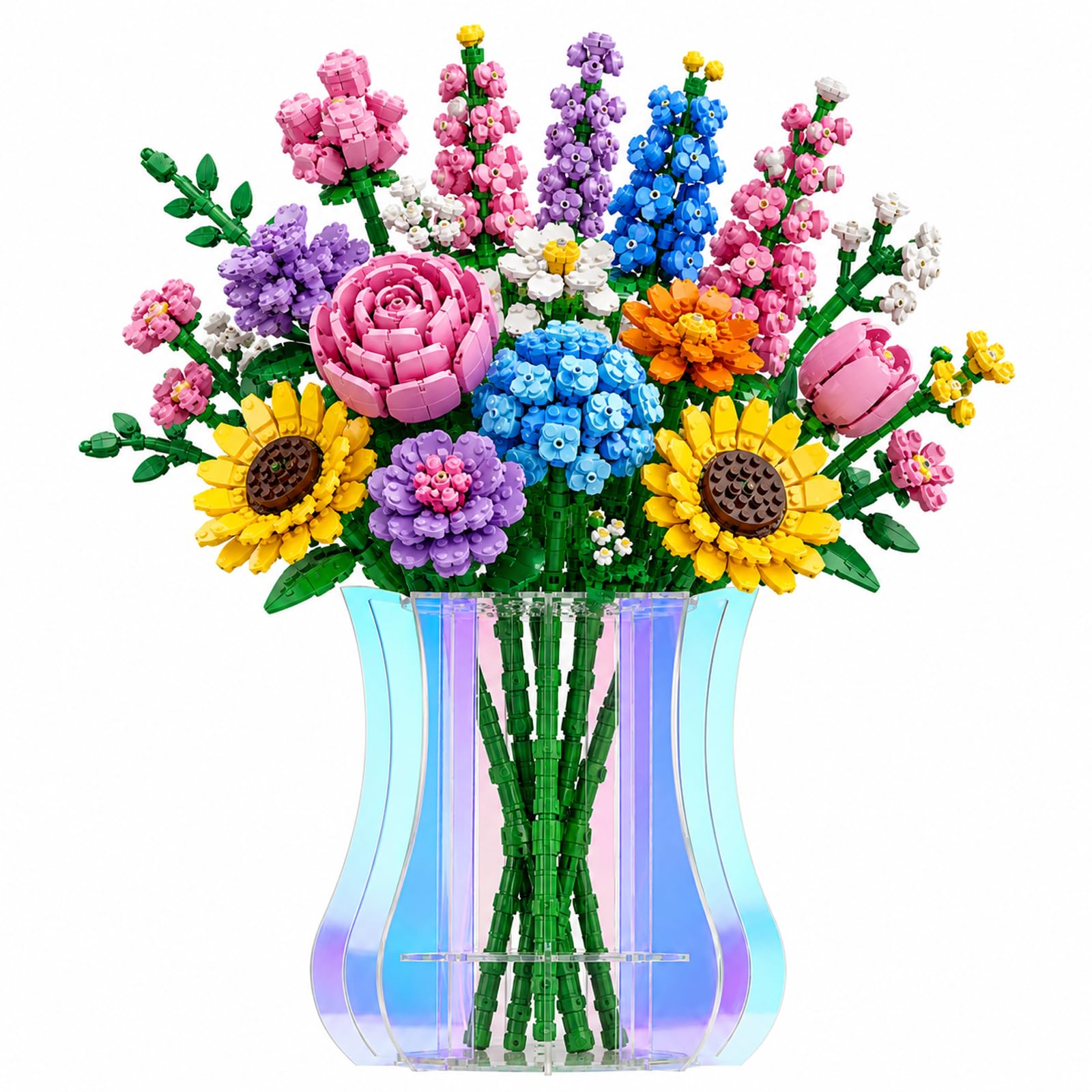 Vase for Building Bricks Flowers Bouquet, Acrylic Puzzle Vase, Flowers Vases for Building Bricks Flower Bouquet, Cherry Blossoms, Sunflowers, Tulips, Daffodils Display, 21-Stem Arrangement Design
