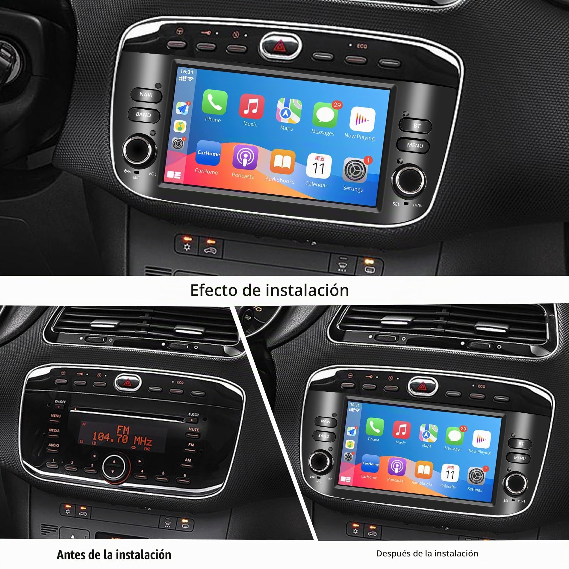 Radio de Coche Fiat Punto (2010-2016) / Linea (2012-2015) Wireless CarPlay&Android Auto Stereo Auto Bluetooth 7 con Pantalla para Táctil con FM/GPS/SWC/Mirror Link (Lling-Fiat Punto)