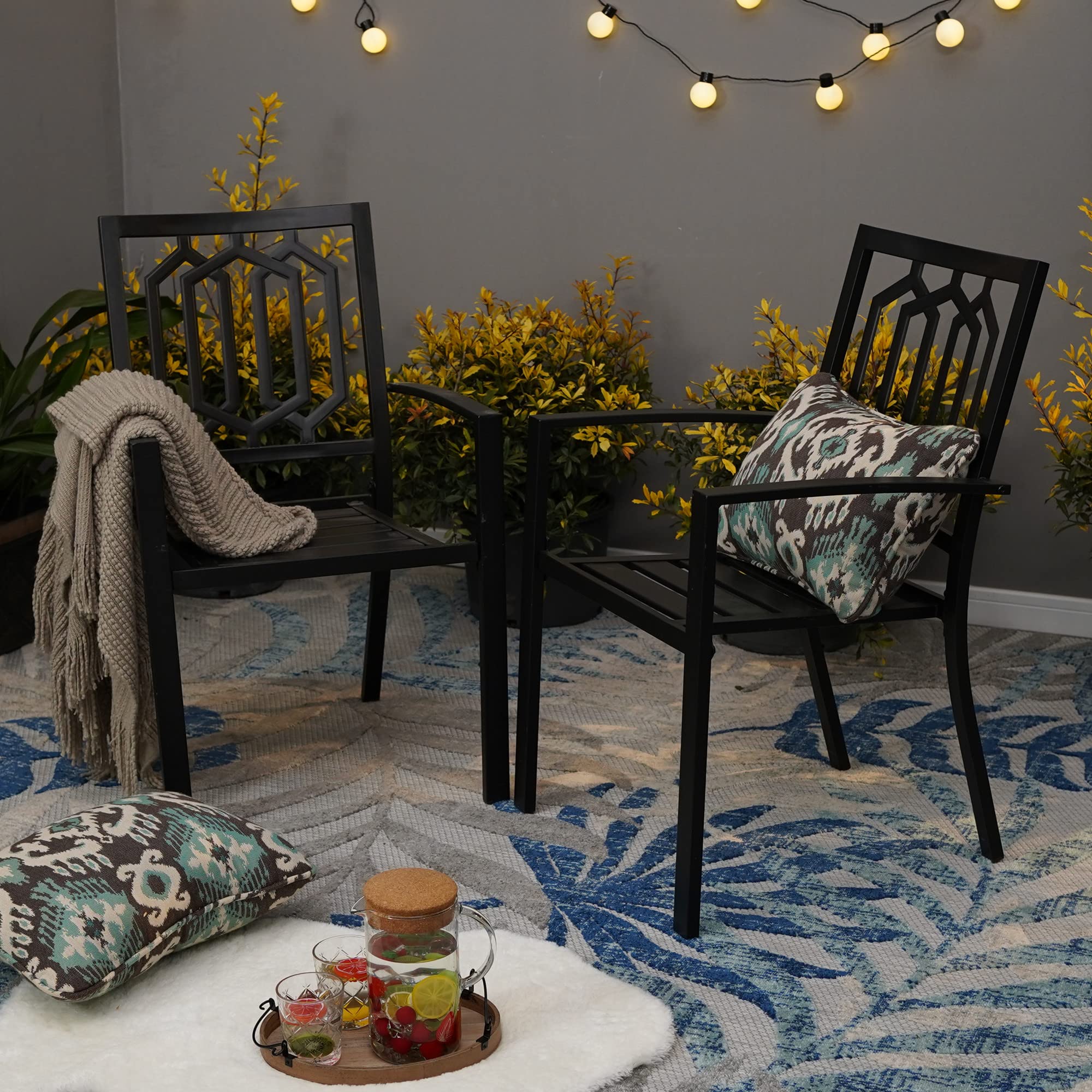 PHIVILLA Sedia da giardino in metallo per esterni, terrazza, sedie da giardino, impilabili, per sala da pranzo, set da 2 pezzi, nero