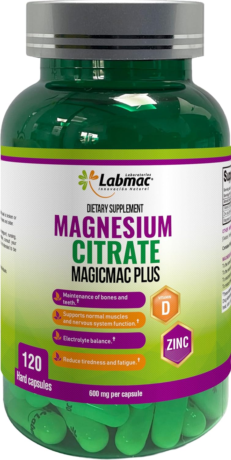 Magnesium Citrate 600mg, 120 Capsules - 3-in-1 Magnesium Citrate Capsules with Vitamin D3 and Zinc Supplements - citrato de magnesio for Muscle, Nerve Function, Healthy Bones, Teeth, Fatigue/Tiredness