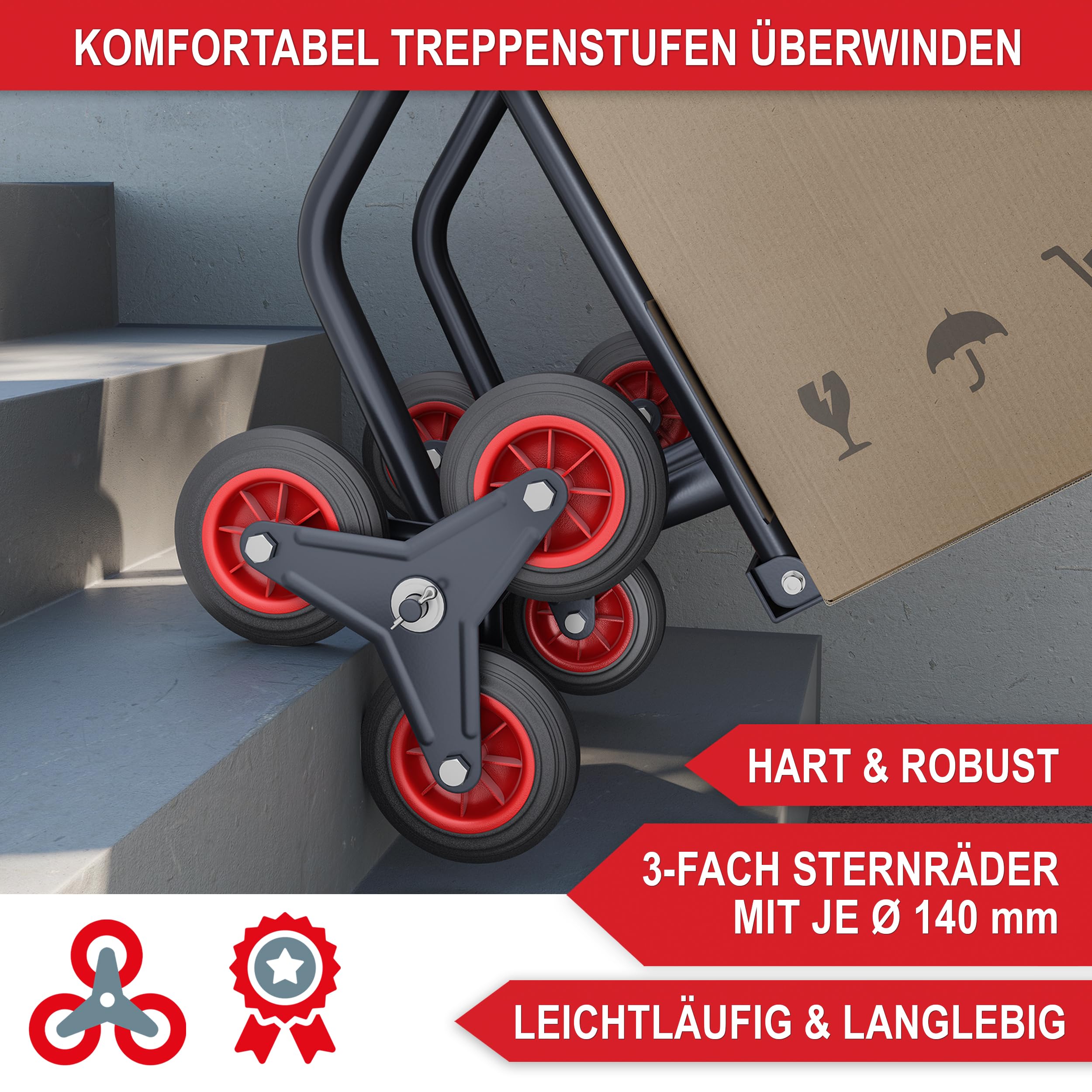 ONBEST Treppensackkarre klappbar 150 kg 3-Fach Reifen | Sackkarre und Treppensteiger mit Stahlrahmen, XL-Schaufel, Hartgummi-Reifen und Handgriffen
