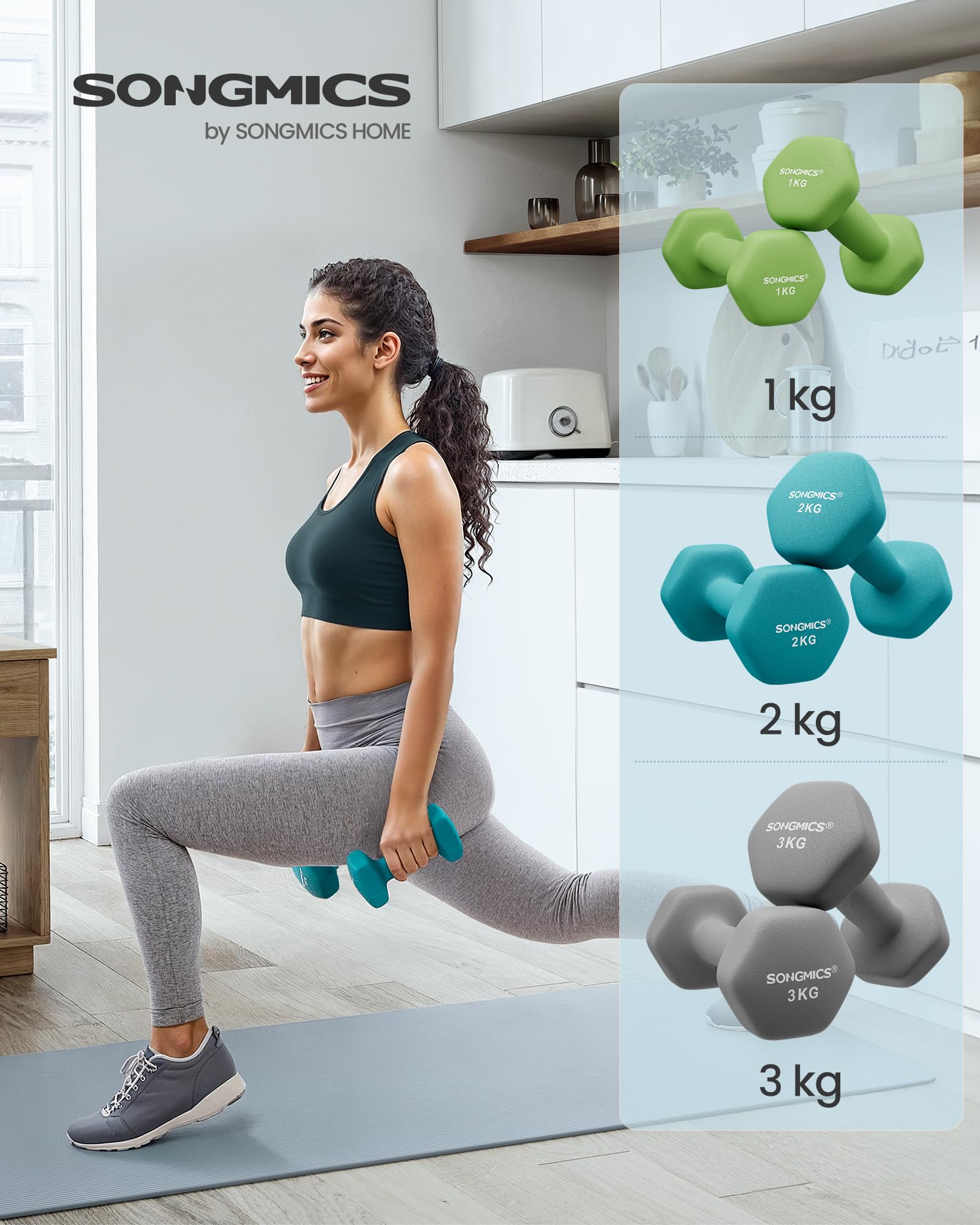 SONGMICS Hantel-Set, 3 Paar, 1kg-3kg，9kg oder 12kg, Aufbewahrung, Fitnessstudio, Krafttraining, rutschfeste Neopren-Beschichtung - 3