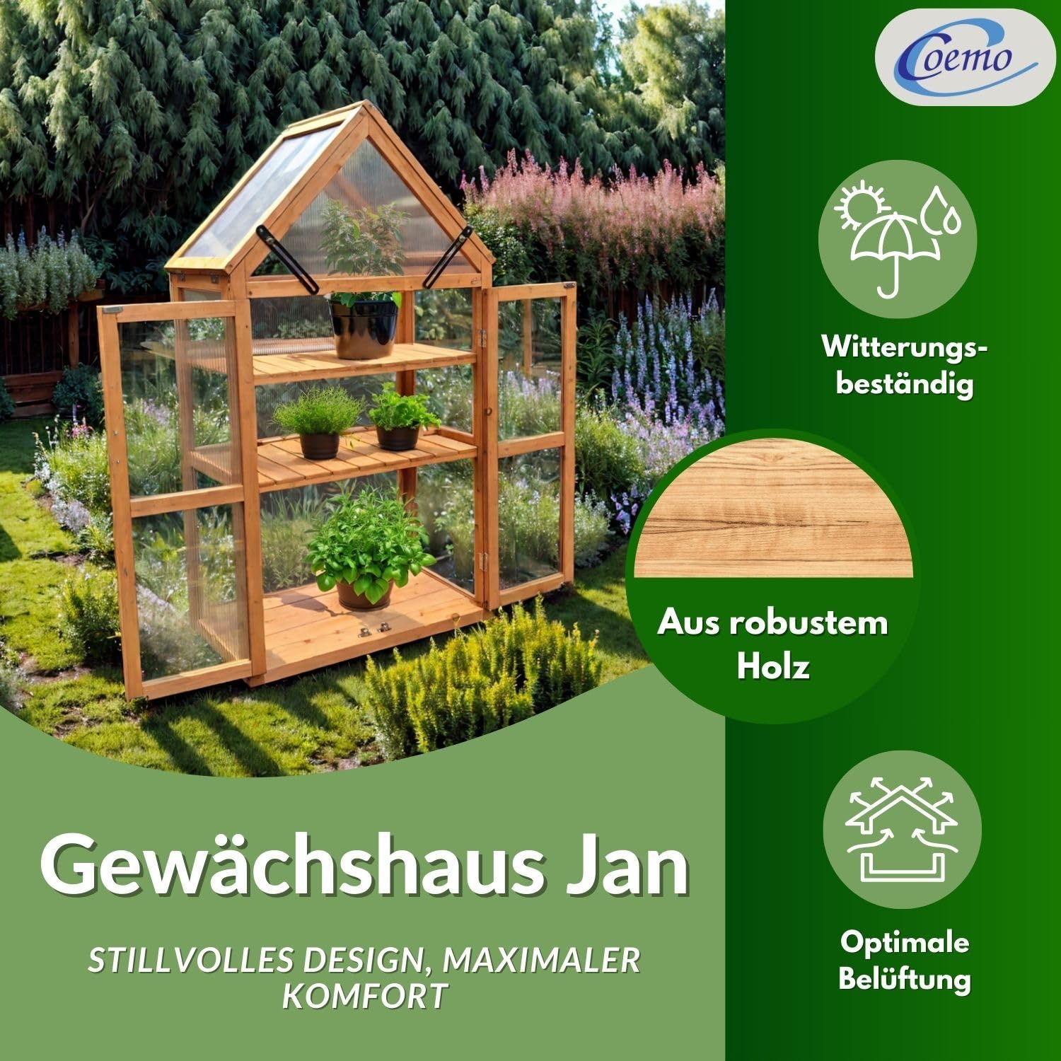 Coemo Holz-Gewächshaus Jan – Stilvolles Design, 65x40x120 cm, Farbe Braun, Aufklappbare Türen und Dach, Winterschutz Gewächshaus -Wetterfestes Pflanzenhaus für Kräuter, Tomaten & Setzlinge