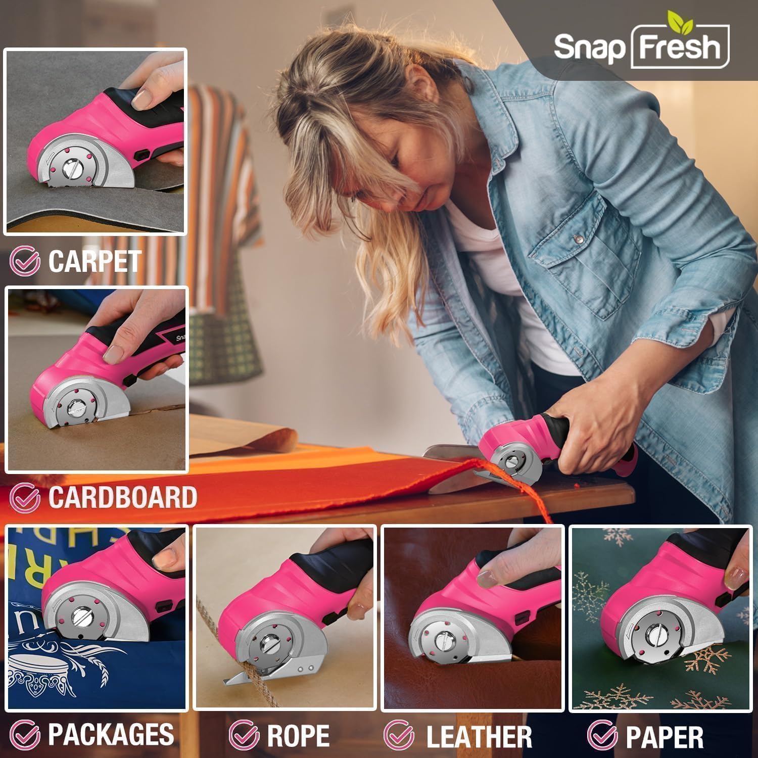Collage of images showing the SnapFresh Cordless Electric Scissors cutting various materials like carpet, cardboard, packages, rope, leather, and paper.
