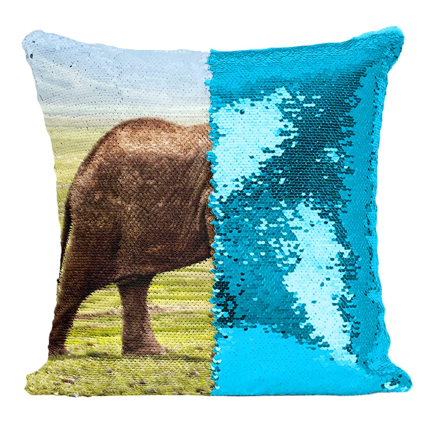 Coussin paillettes turquoise éléphant d'Afrique pour salon terne