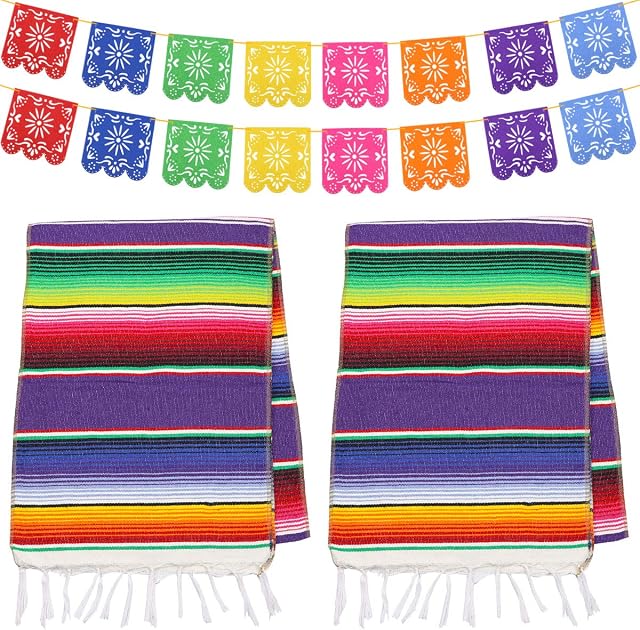Dreamtop 2pcs Mexican Table Runner Fiesta Banners 14 x 84 inch Mexican Serape Table Runners Cotton Colorful Fringe Table Cloth with 8 Colors 16pcs Picado Banners for Fiesta Mexican Cinco De Mayo Party