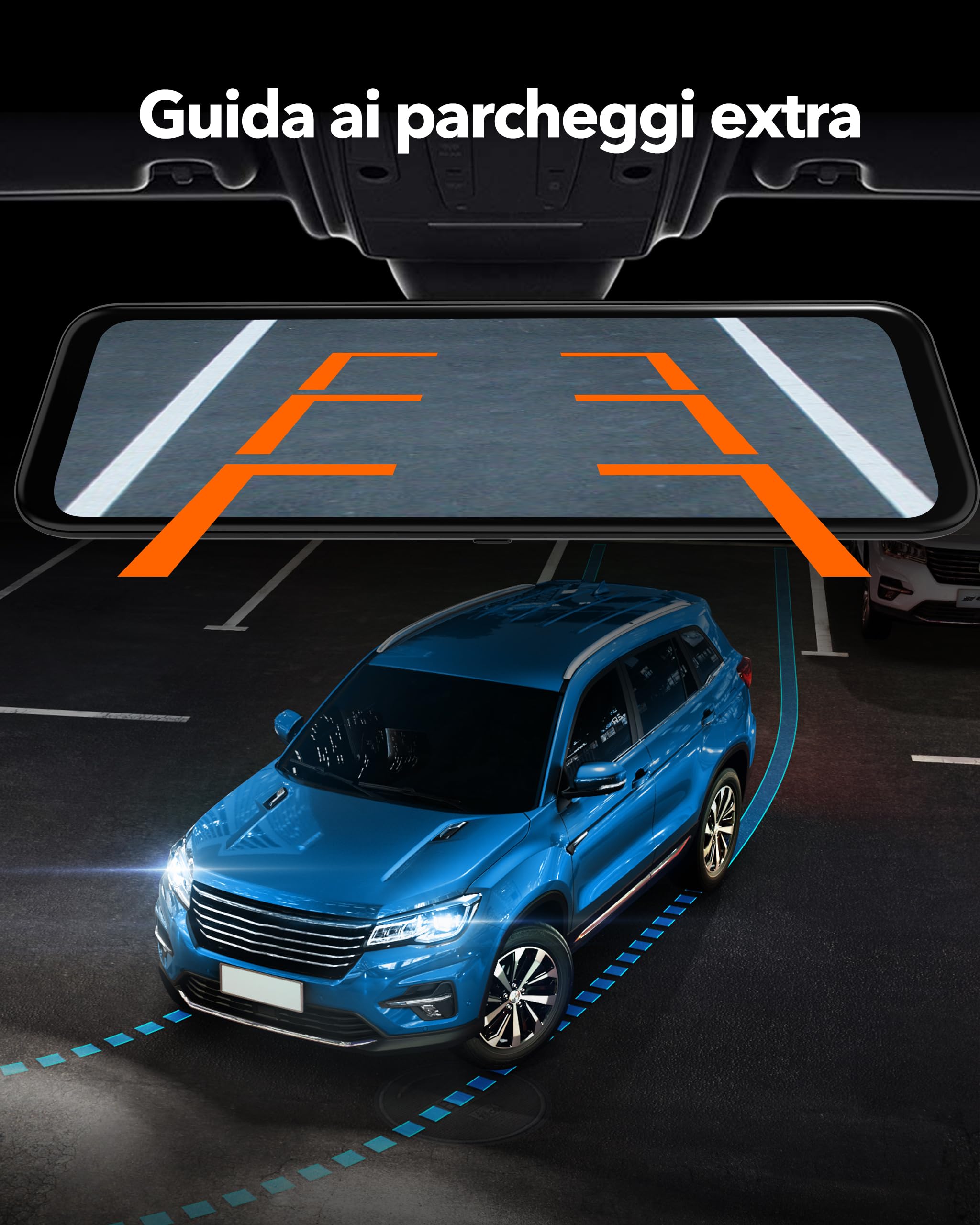WOLFBOX 12" 4K Telecamera per Specchietto Retrovisore Auto con 5.8GHz WiFi e Controllo Vocale, Doppia Specchio Dash Cam con 1080P WDR Backup Camera, Monitor di Parcheggio, Scheda 64GB & GPS (G850)
