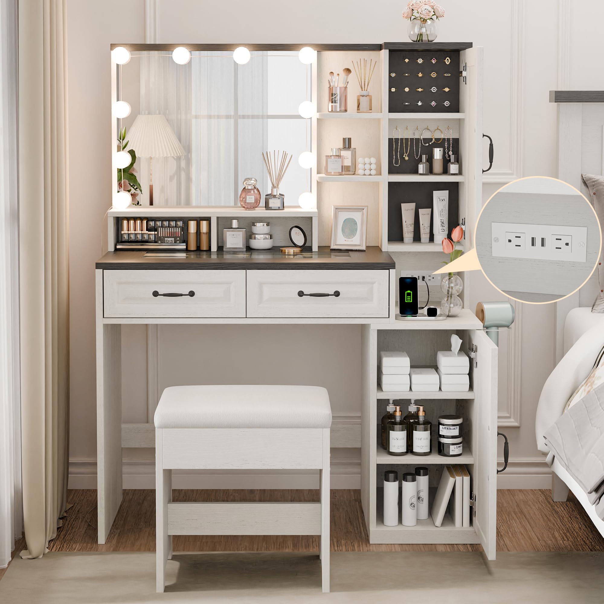 MU Makeup Vanity Desk with Mirror and Lights, White Vanity Table Set with Charging Station, Glass Top Vanity with 2 Drawers, 2 Cabinets and