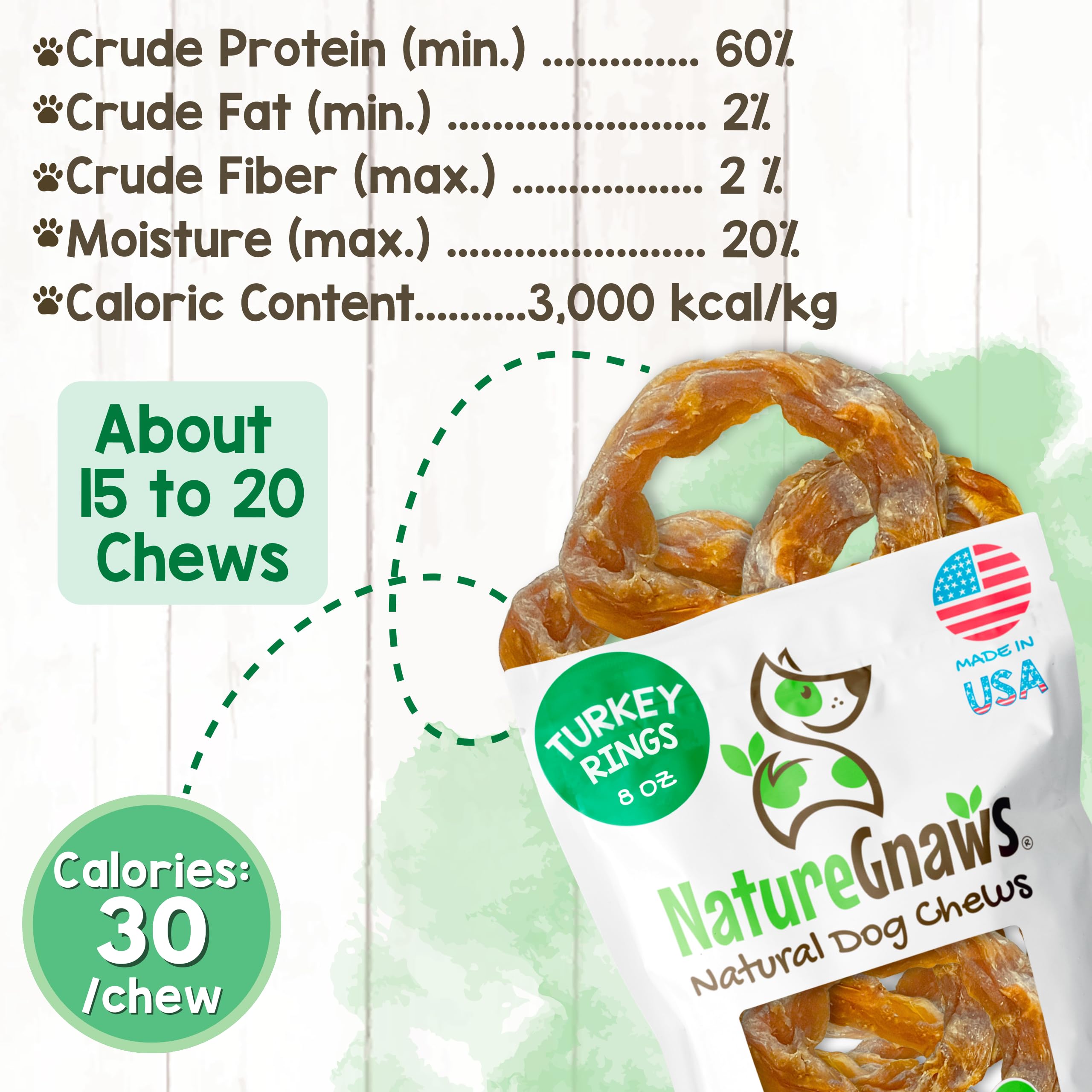 Nature Gnaws Anillos de tendón de pavo para perros (8 onzas) – Delicioso aperitivo de recompensa sin granos para razas pequeñas, medianas y grandes – Golosinas naturales de primera calidad para perros