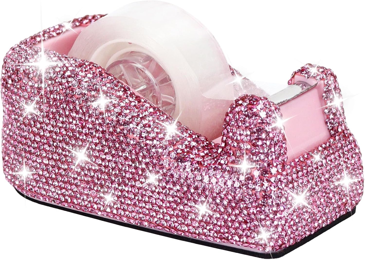 MultiBey Bling Crystal Tape Dispenser, Sparkly Desktop Adhesive Tape Dispenser Cutter with Tape for Desk, Tape Holder Cutter Rhinestone for Women Office School Gift (Pink)