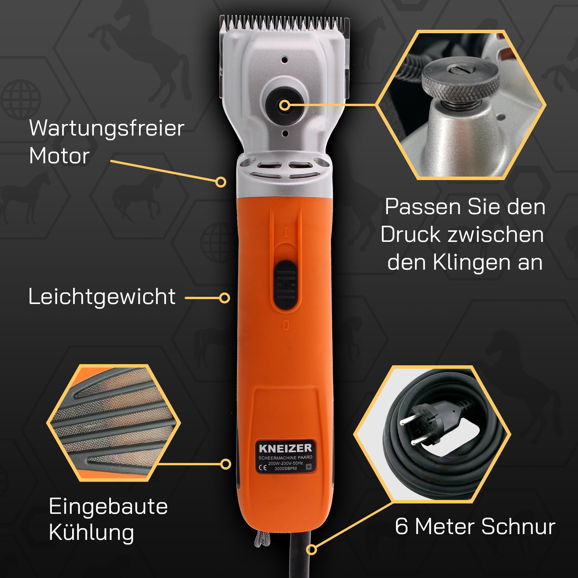 Pferdeschermaschine - Mit austauschbaren Klingen – Leise und vibrationsarm – Seelenfrieden für das Pferd – Geeignet für alle Fellarten und Körperteile – Wartungsfrei