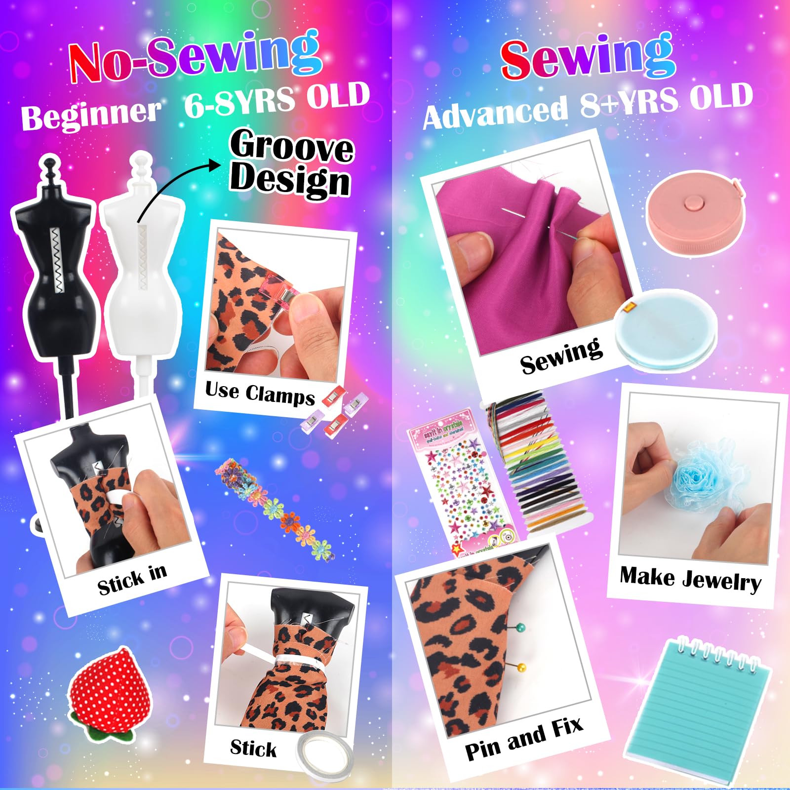 YOCOLE 1000+ Fashion Design Kit, Création de Mode Couture Enfants avec 5 Mannequins, Loisirs Créatifs Activites Manuelles avec Carnet de Croquis, Cadeau D'anniversaire Fille 6 7 8 9 10 11 12 Ans