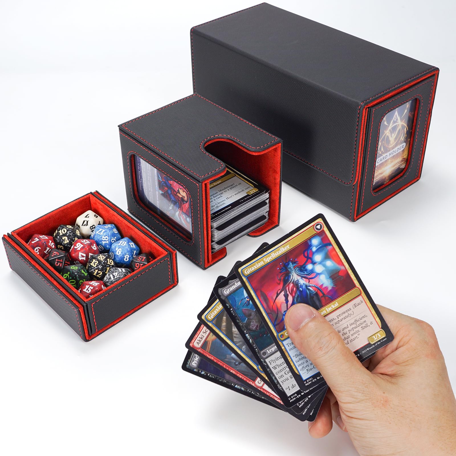 AFIING Caja de almacenamiento para mazo de MTG con exhibición de comandante - Se adapta a 200 cartas con funda doble, estuche para cartas de cubierta de 3 en 1, organizador de cartas con imán fuerte - imagen 7