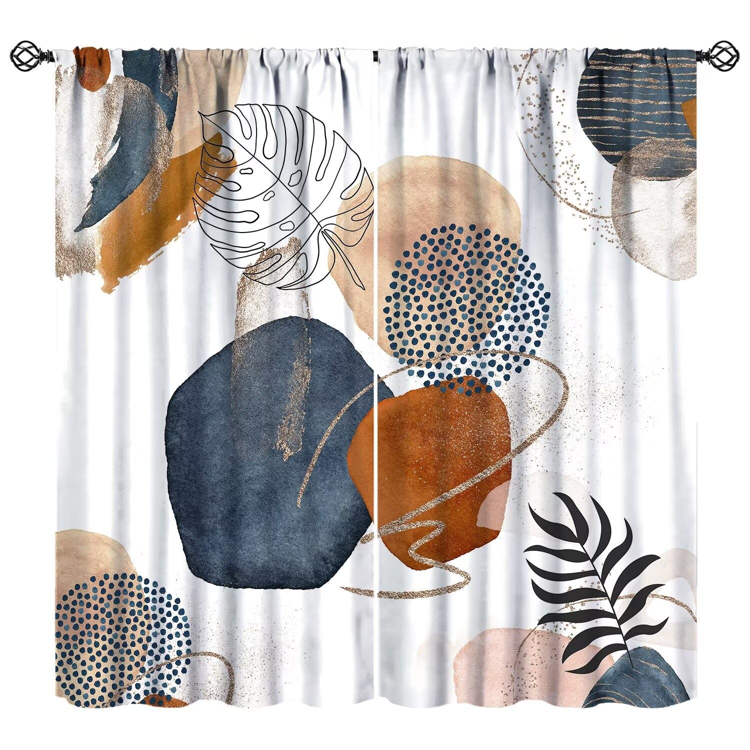 JESTRONRY Boho Mid Century Curtains, Abstract Blue Gold Colorful Geometric Modern Leaves Minimalist Geometric Window Treatments Curtain for Bedroom Living Room 42x45 Inch Blackout
