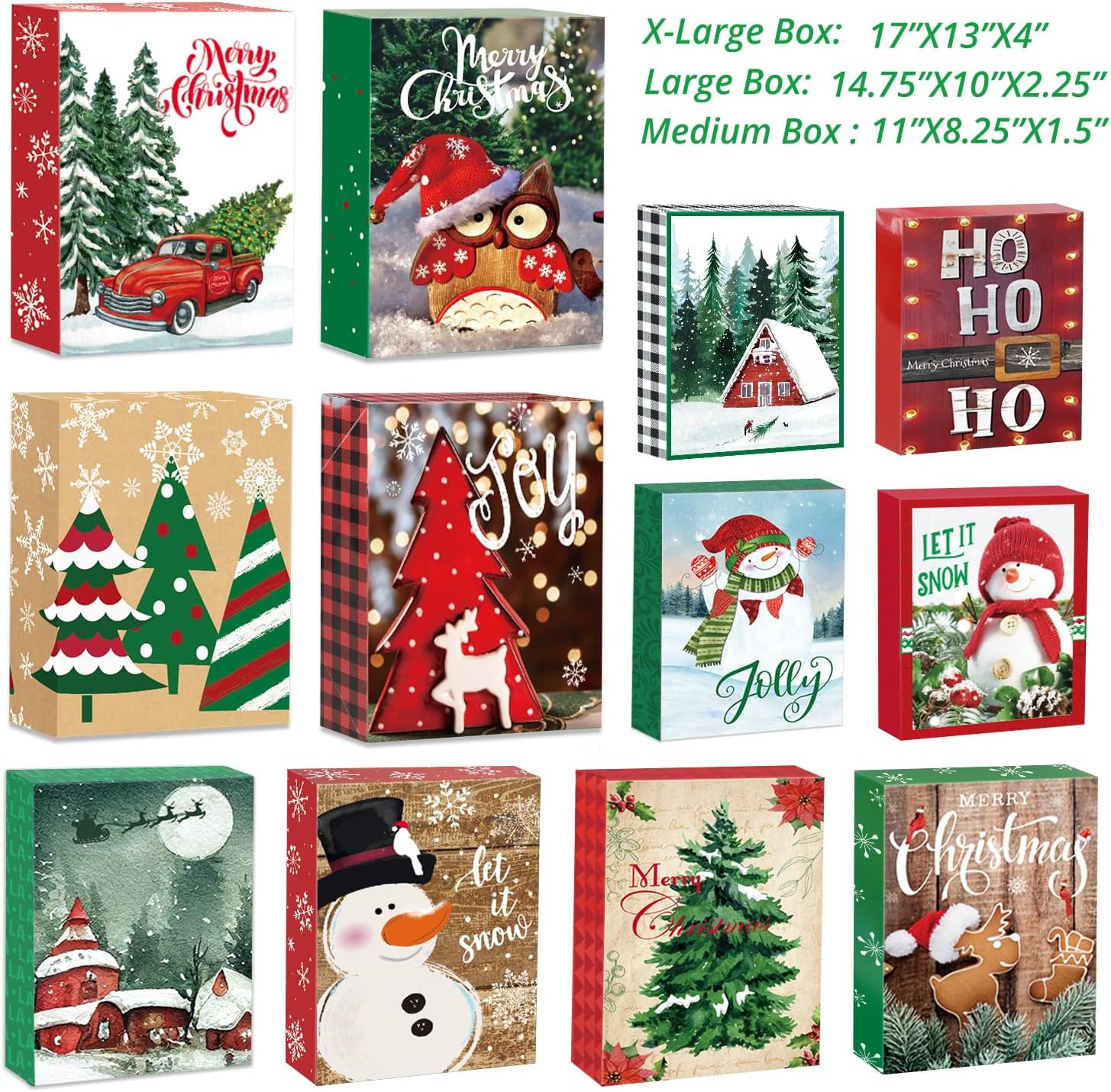 12 Christmas Gift Wrap Boxes Bulk with Lids for Wrapping Extra Large Clothes,12 tissue paper and 80 Christmas Stickers(Assorted size for Shirts, Robes, Coats, Sweaters and xmas Holiday Present)