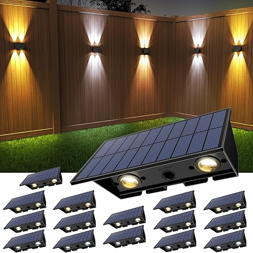 Miniatura 12 de Luces solares para valla, paquete de 6 luces solares para exteriores, color blanco cálido + RGB arriba y abajo, impermeables, 100 lúmenes, del