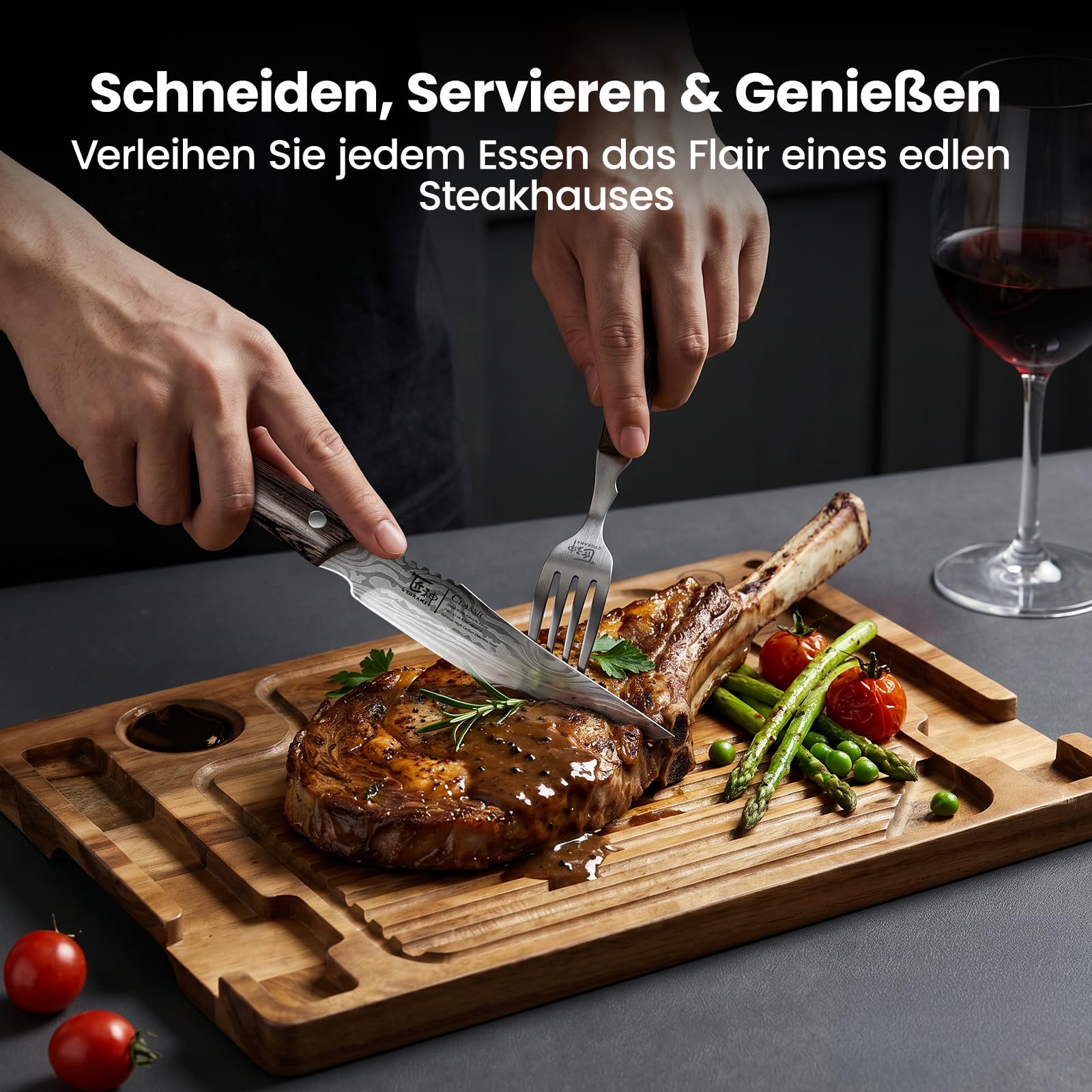 SYOKAMI Holz-Steakbrett-Set mit 1 glatten Steakmesser und 1 Gabel